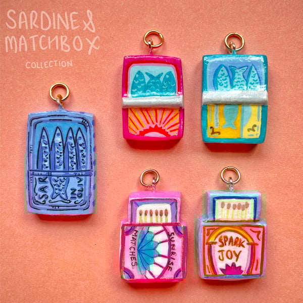Tiny Clay Charm, Pendant, Sardine Tin, Matchbox, Quirky Jewellery (Individual)