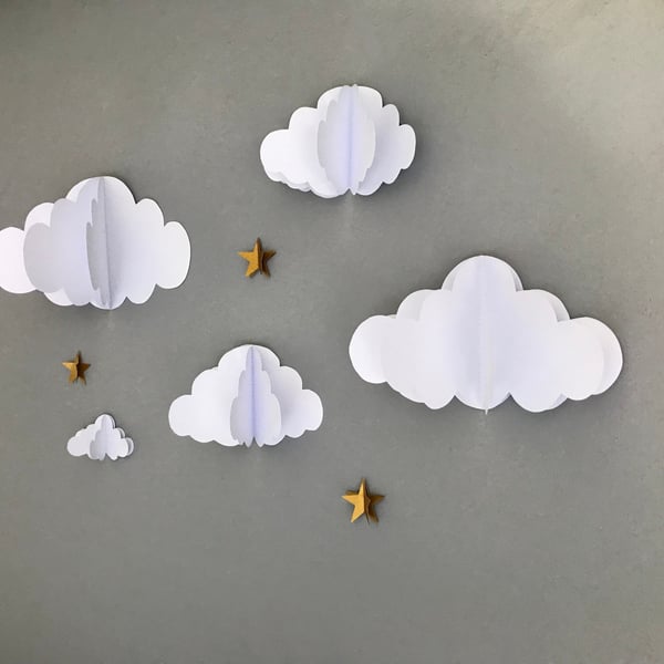 Nursery Clouds Stars Set, Stick on wall art nursery decor