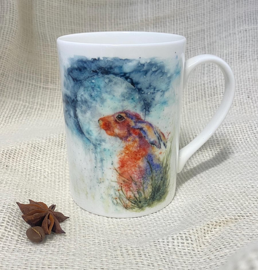 Moon Gazing Hare Watercolour Bone China Mug, China Cup, Wildlife Art Mug by Arti
