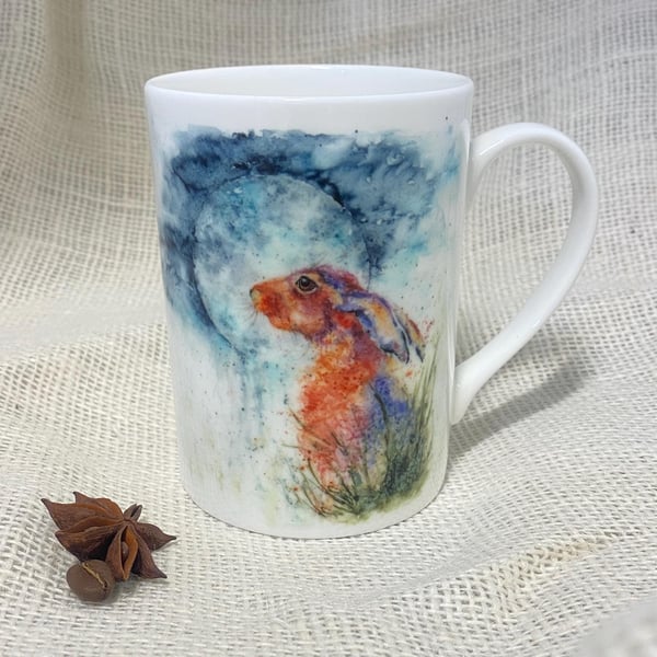 Moon Gazing Hare Watercolour Bone China Mug, China Cup, Wildlife Art Mug by Arti