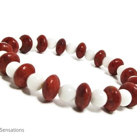 Snow White Agate & Red Sponge Coral Rondelle Discs Beaded Fashion Bracelet