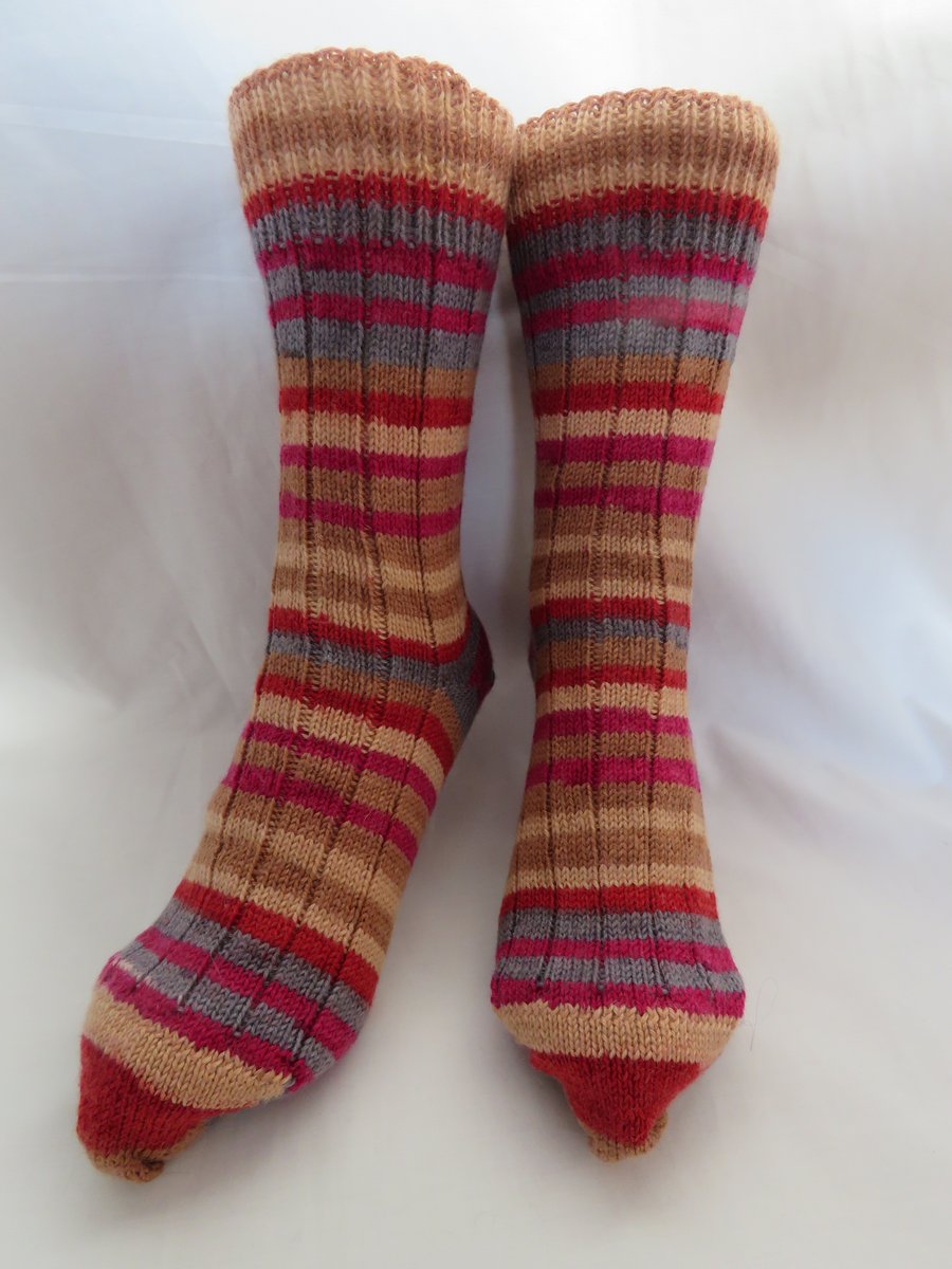 Hand-cranked Knitted Ribbed Wool Socks Size 8 to 9