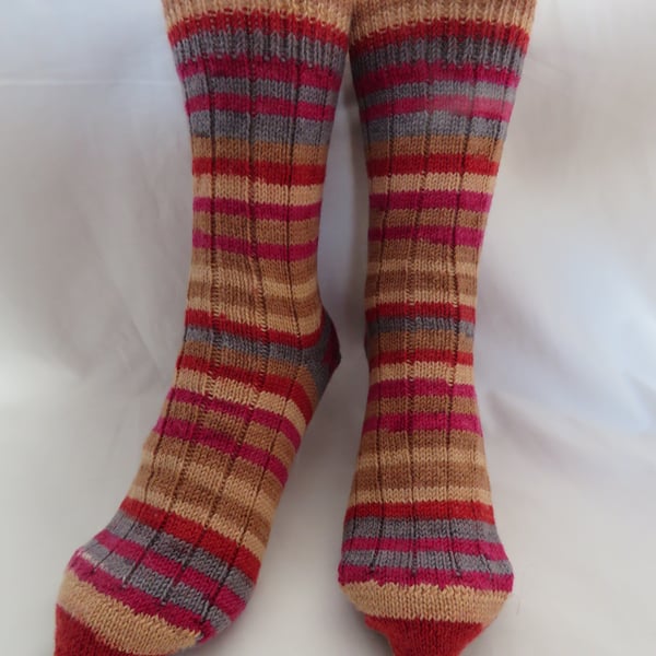 Hand-cranked Knitted Ribbed Wool Socks Size 8 to 9