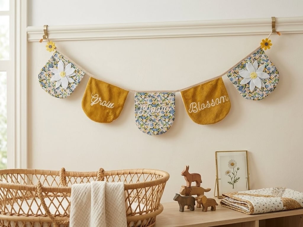 Handmade Floral Nursery Bunting – "Grow" Fabric Garland, Perfect New Baby Gift