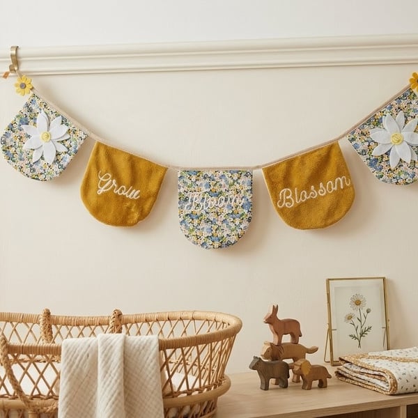 Handmade Floral Nursery Bunting – "Grow" Fabric Garland, Perfect New Baby Gift