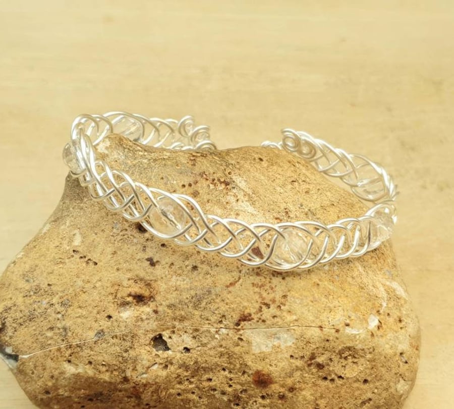 Adjustable Wire wrap Clear Quartz cuff bracelet. April Birthstone