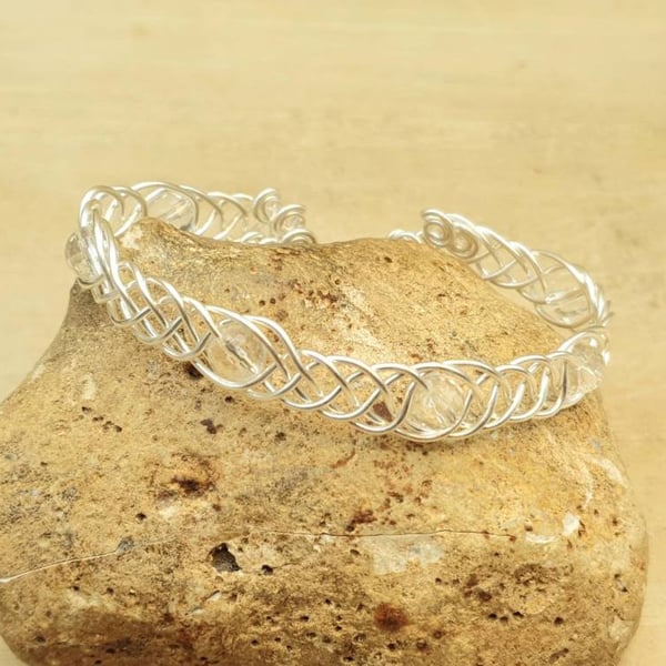 Adjustable Wire wrap Clear Quartz cuff bracelet. April Birthstone