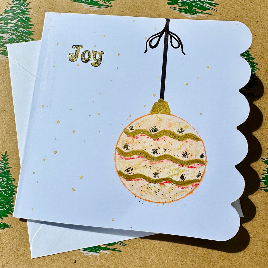 Traditional gold bauble Christmas card, joy, shimmer, sparkle 