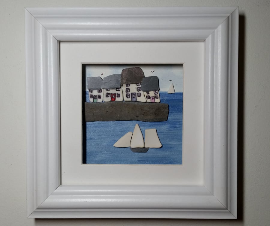 Framed Wall Art, Cornish Harbour Scene, Fisherman's Cottages