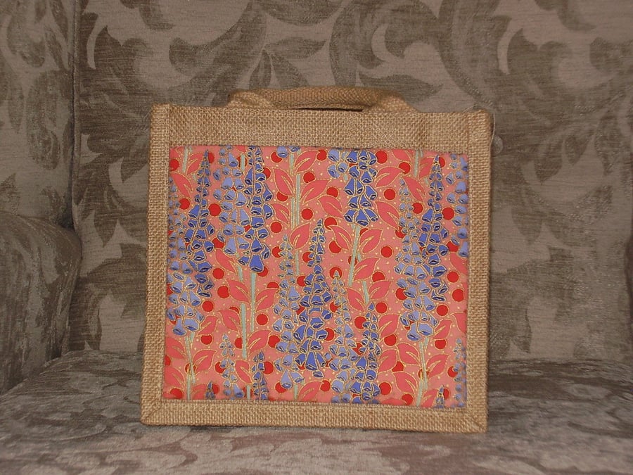 Natural Jute Bag with Orange and Blue Foxgloves Pocket