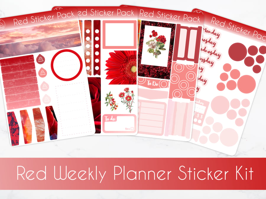 Red Weekly Sticker Pack - 4 Aesthetic Sticker Sheets for Planners and Journals