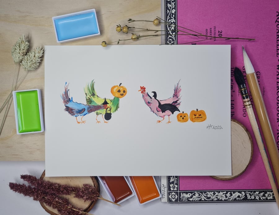 Hand Painted Halloween Chickens Art: Whimsical Watercolor Painting