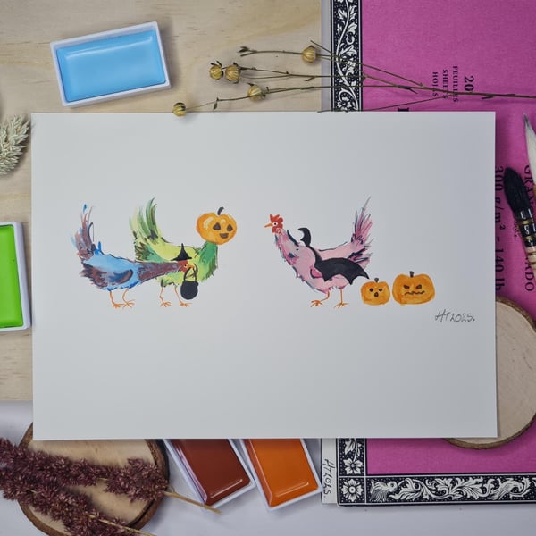 Hand Painted Halloween Chickens Art: Whimsical Watercolor Painting