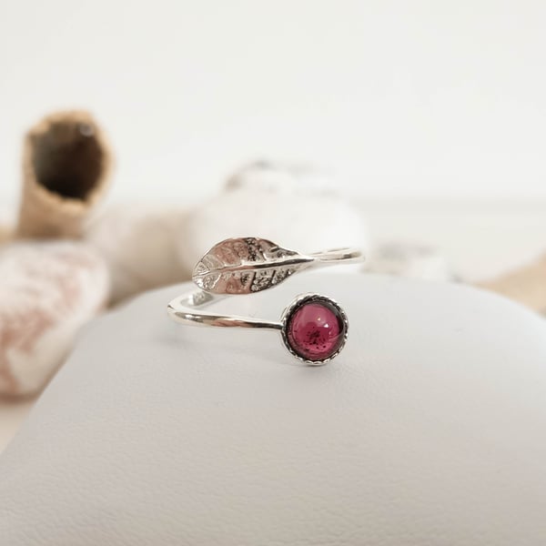 Adjustable Sterling Silver Leaf Ring with Garnet Gemstone