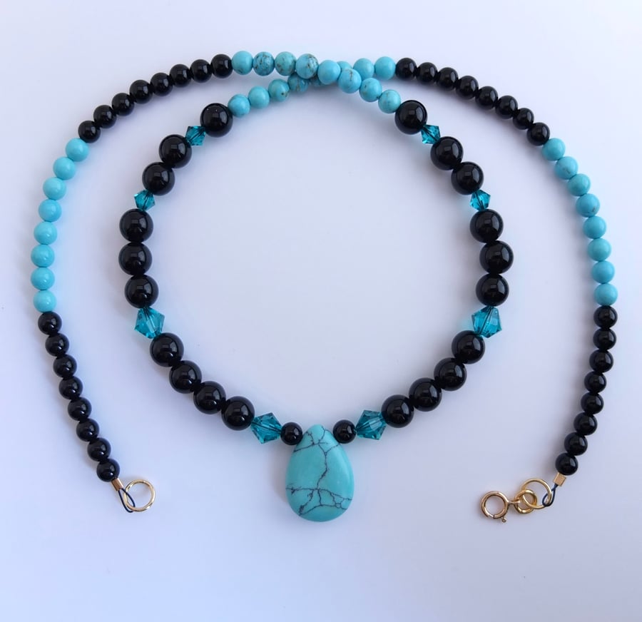 Turquoise Howlite, Onyx & Swarovski Zircon Crystal Necklace - Handmade In Devon