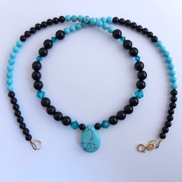 Turquoise Howlite, Onyx & Swarovski Zircon Crystal Necklace - Handmade In Devon