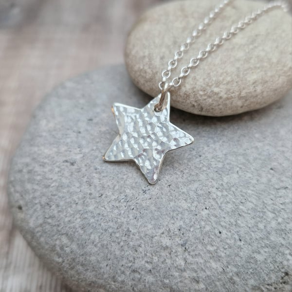 Sterling Silver Hammered Star Pendant Necklace