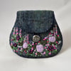 Embroidered Purse - purple garden on recycled blue green tweed