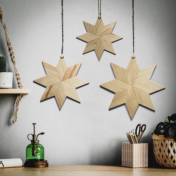 Set of 3 Handmade Wood Xmas Stars, Small-Medium-Large Natural Pine, Scandi Style