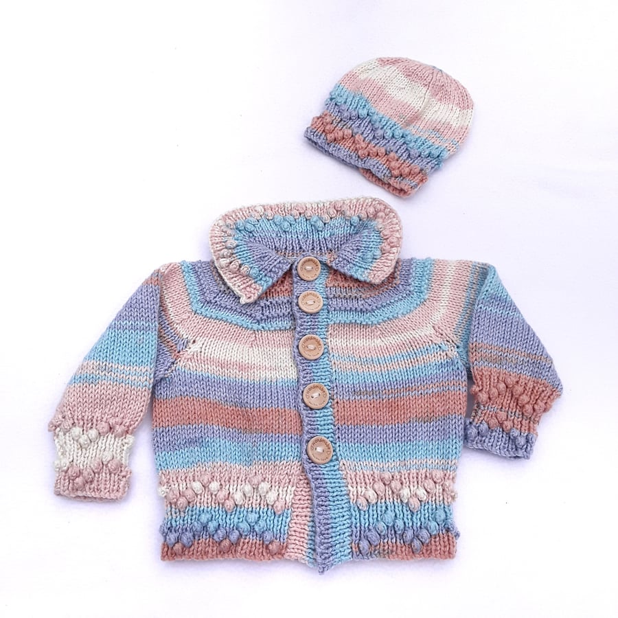 Hand knitted baby cardigan and hat 0 - 6 months - baby clothes matinee set 