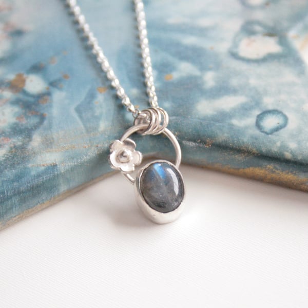 Silver botanical necklace with labradorite, gemstone necklace