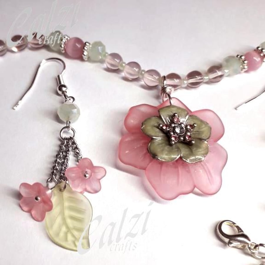 Upcycled Pink Flower Necklace And Earrings 