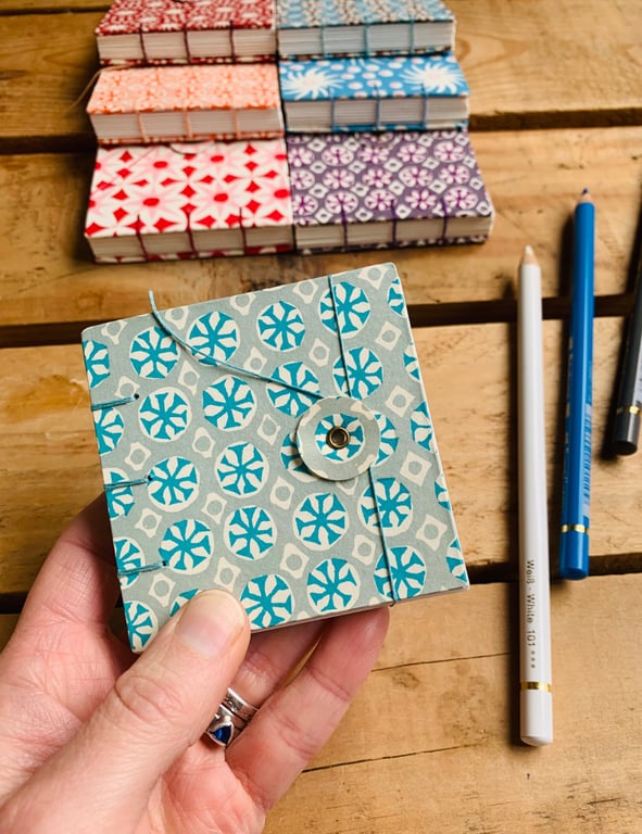 Mini Hand Bound Mixed Media Sketchbook with Button Closure. Turquoise & Grey.