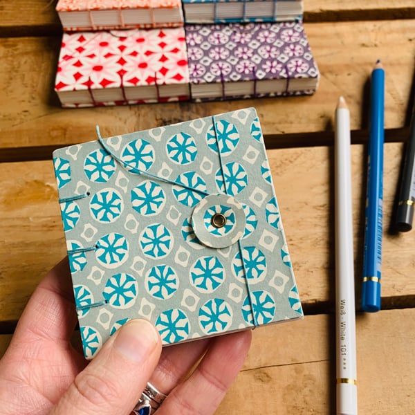 Mini Hand Bound Mixed Media Sketchbook with Button Closure. Turquoise & Grey.