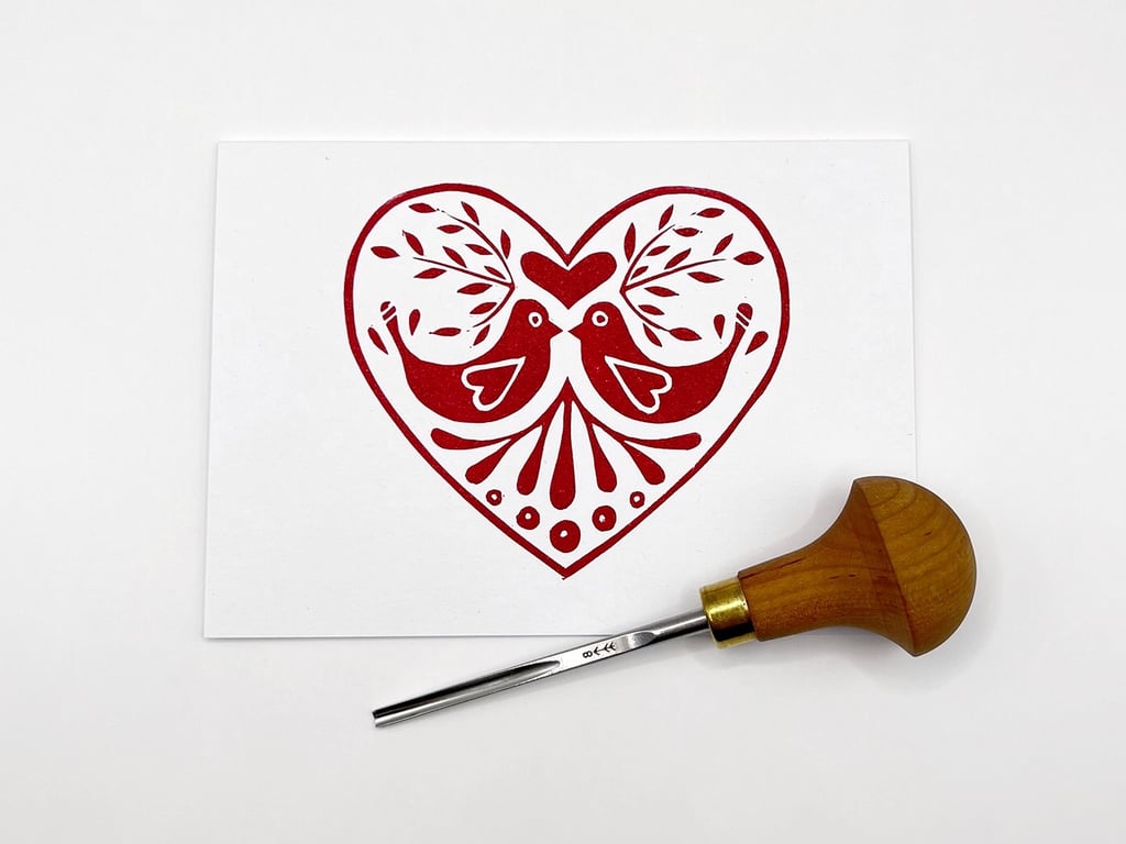 Red Love Birds Card, Original Lino Print 