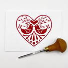 Red Love Birds Card, Original Lino Print 