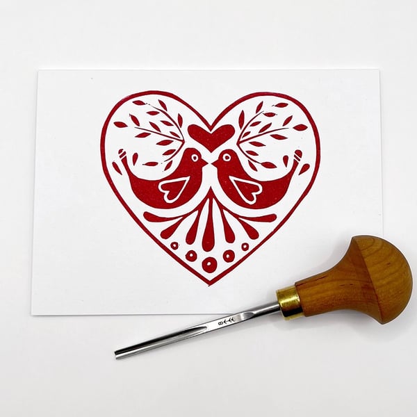 Red Love Birds Card, Original Lino Print 