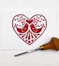 Red Love Birds Card, Original Lino Print 
