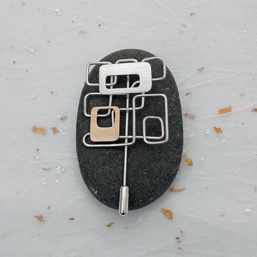 Recycled Sterling Silver And 14ct Filled Gold Shaped Wire Brooch Pin 