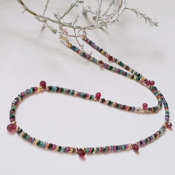 Genuine  9k Gold. Ombre Sapphires, Emerald,  Ruby Dainty Necklace 'ONE OFF'