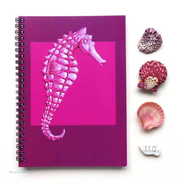 Seahorse on magenta pink A5 spiral lined notebook journal