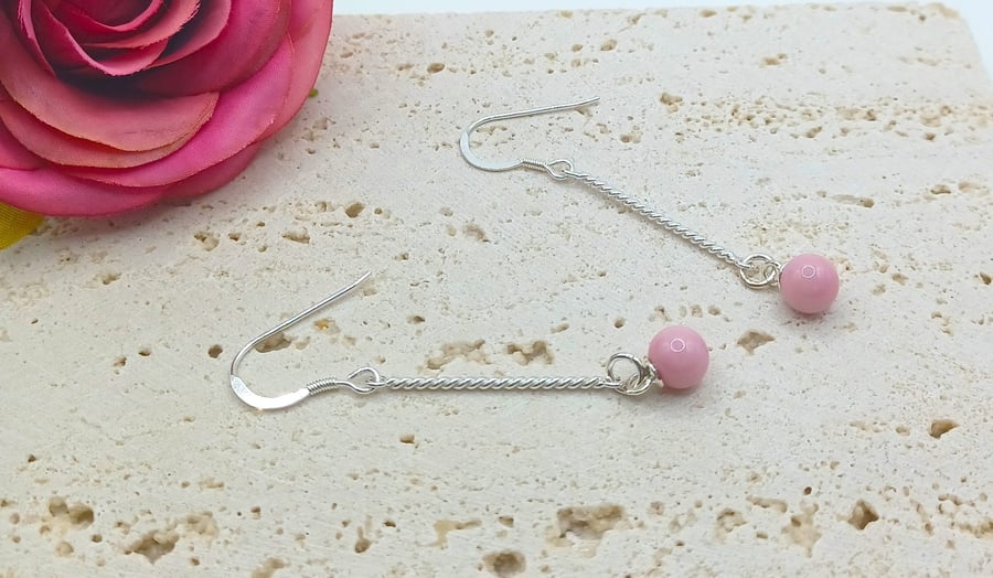 Pink Lampwork Glass Ball and Sterling Silver Earrings, Silver Twist Earrings, La
