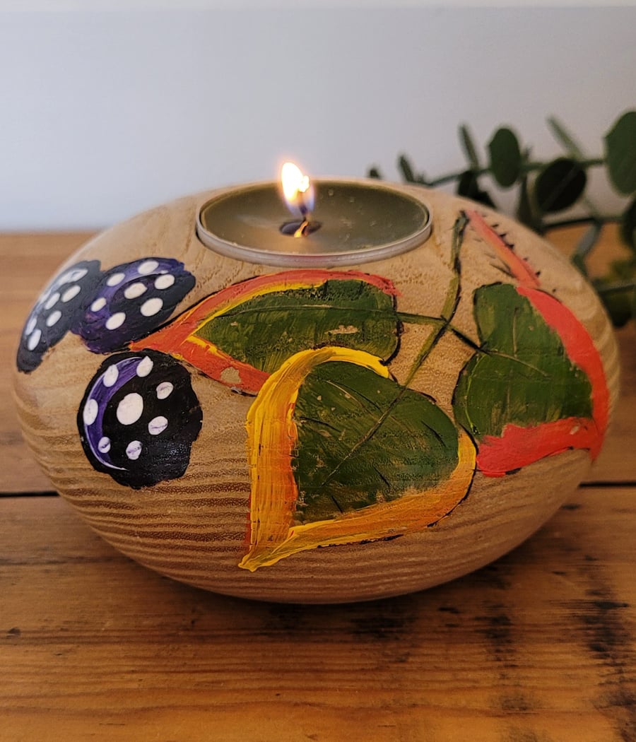 Wood Tea Light Holder Decorated With Blackberries
