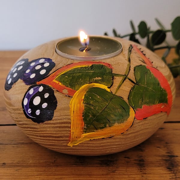 Wood Tea Light Holder Decorated With Blackberries