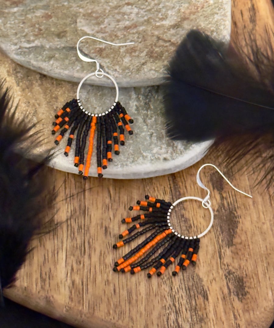 Halloween fringe hoop earrings in orange and black