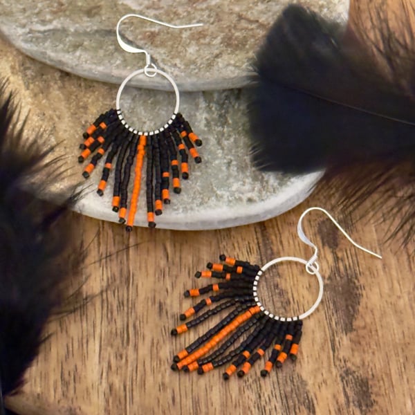 Halloween fringe hoop earrings in orange and black