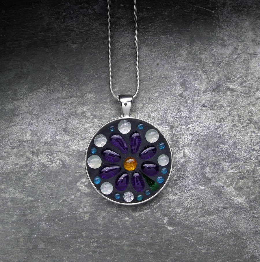 'Little Purple Flower Glow' - Handmade Glass Bead Mosaic Pendant