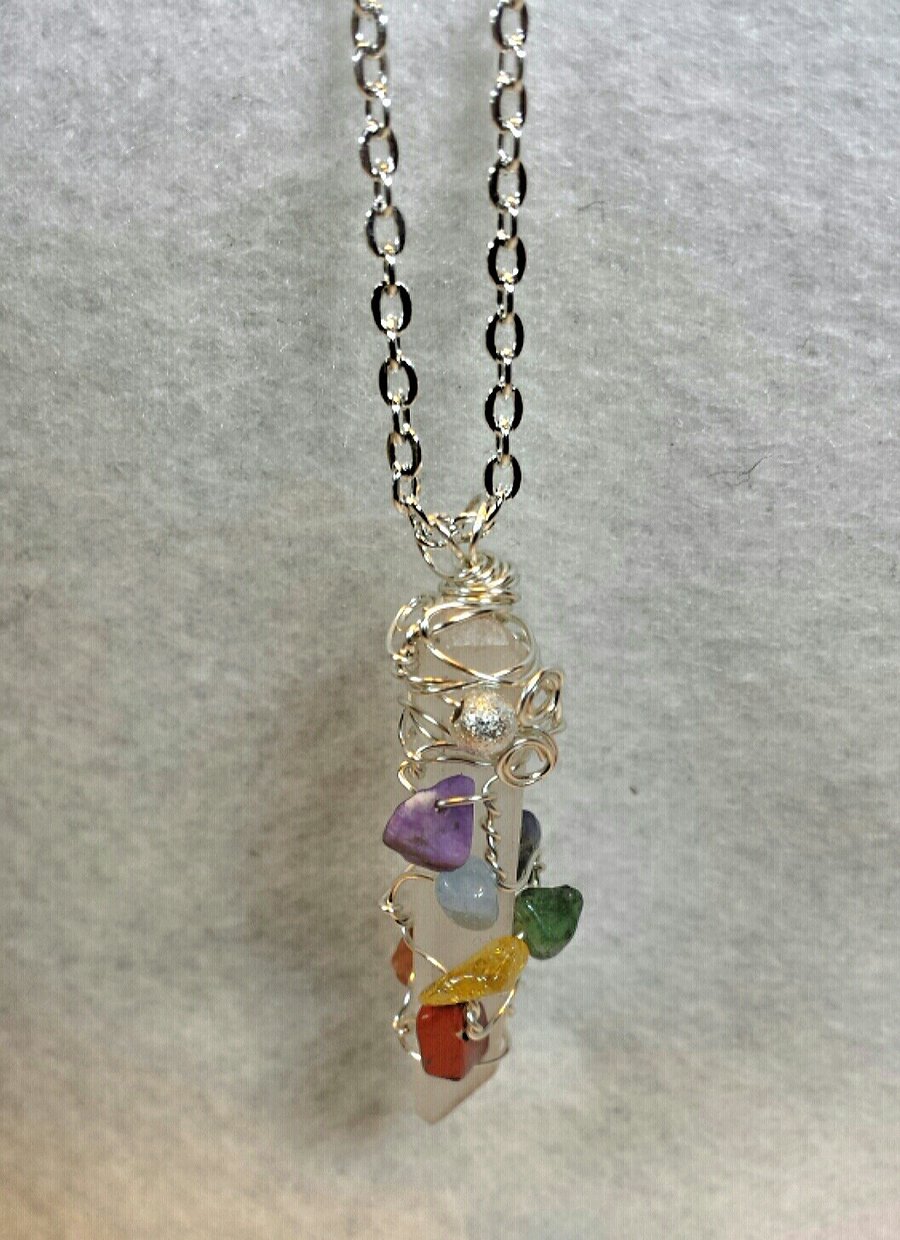Handcrafted Wire Wrapped Chakra Clear Quartz  Gemstone Pendant Necklace,Emerald,