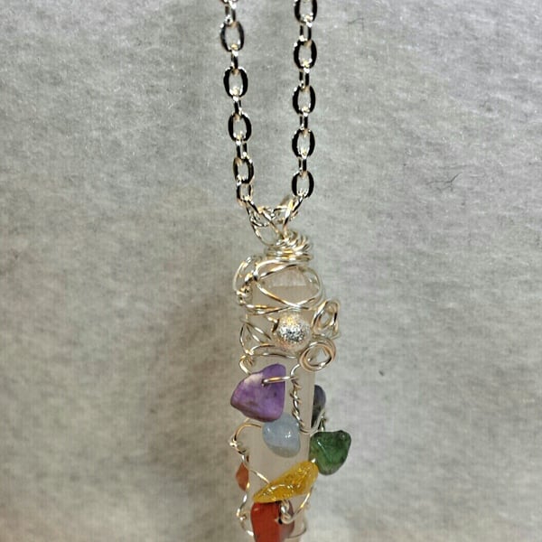 Handcrafted Wire Wrapped Chakra Clear Quartz  Gemstone Pendant Necklace,Emerald,