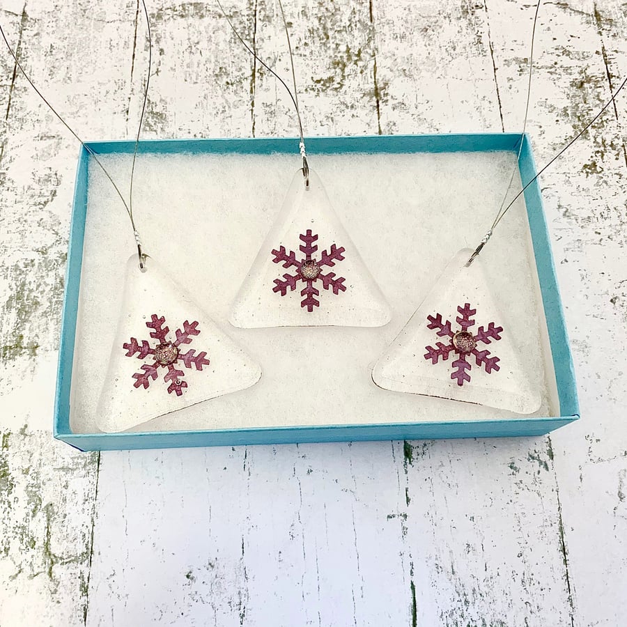 Boxed Set of 3 Snowflake Fused Glass Christmas Decorations - Handmade Glass