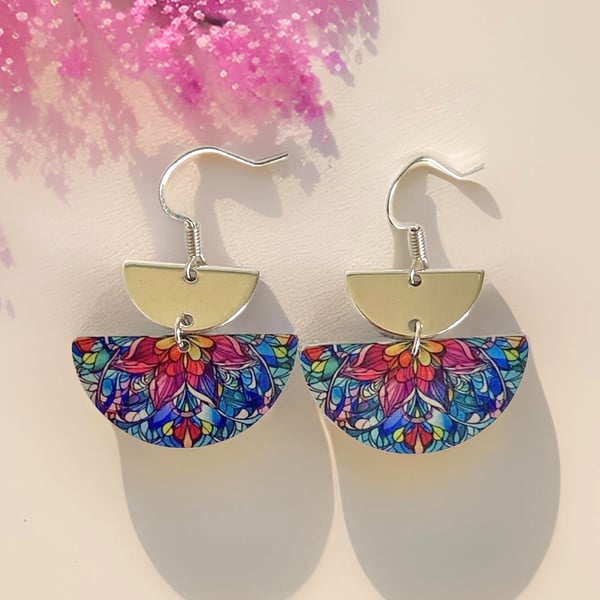 Mandala drop earrings, red blue half circles, sterling silver ear wires (M11)