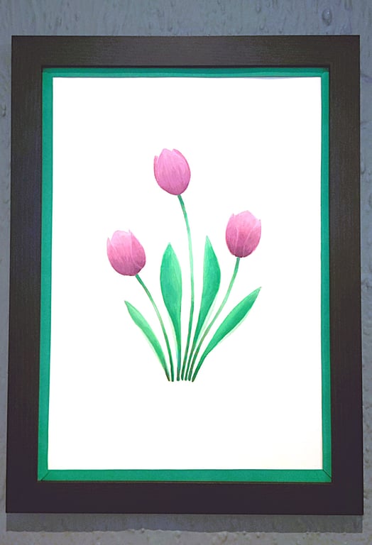 A3 Size Framed Print Painting Purple Tullips Flowers Colourful Dark Green Border