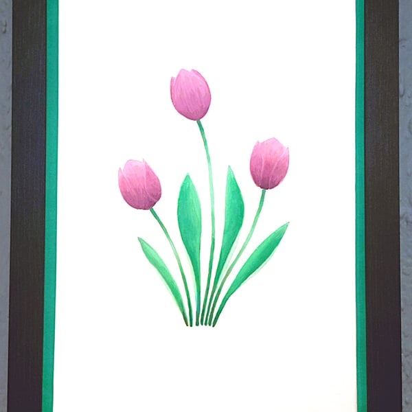 A3 Size Framed Print Painting Purple Tullips Flowers Colourful Dark Green Border