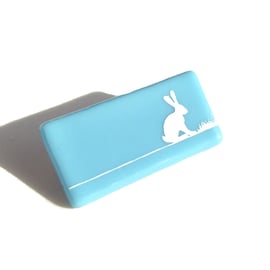 White Rabbit Brooch in Fused Glass with Screen Printed Kiln Fired Enamel