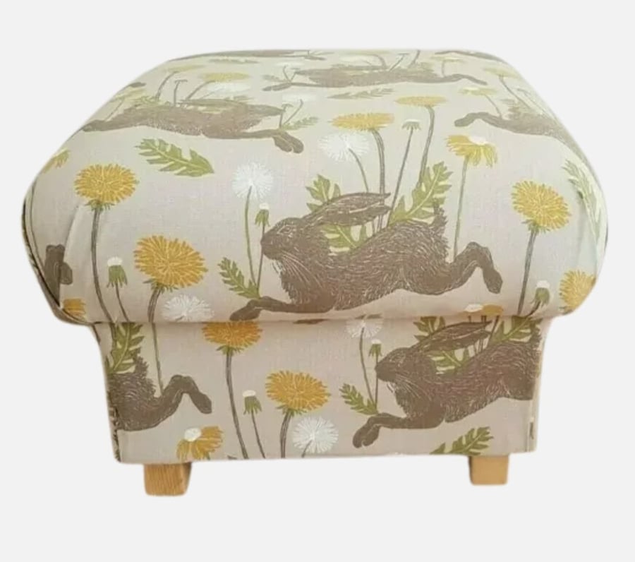 Storage Footstool March Hare Linen Fabric Rabbits Ochre Pouffe Floral Animals