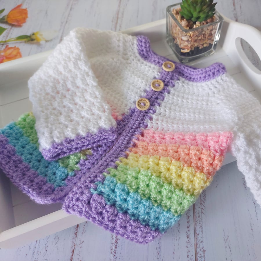 Rainbow Crochet Baby Cardigan – Sizes Newborn to 2 Years